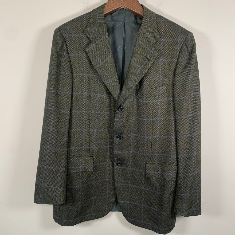 Kiton 100% Cashmere Green/Blue Windowpane Blazer Size 44L Old Money Office